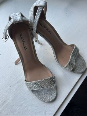 Call It Spring Glitter Silver Open-Toe Ankle-Strap Heels